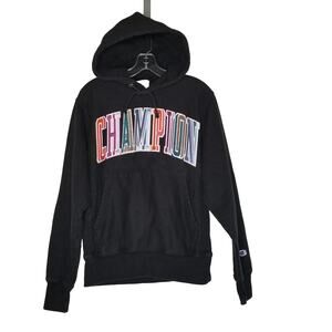 Champion Reverse Weave Hoodie Sweatshirt Small Patchwork Spellout Black